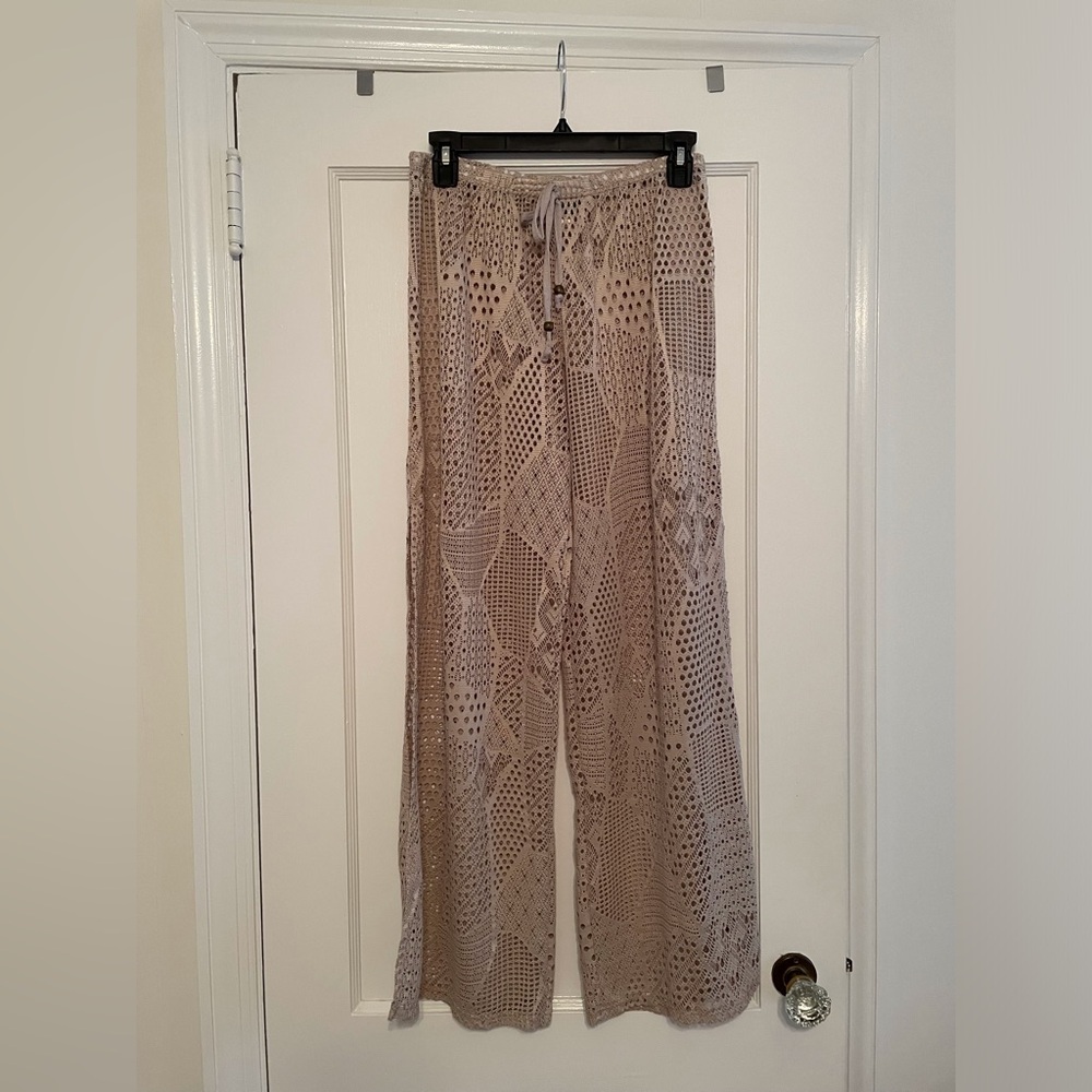 Beige Crochet Wide Leg Pants